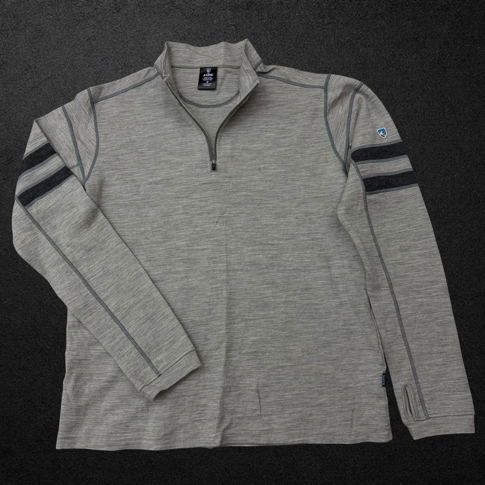 KUHL Mens 100% Merino Wool 1/4 Zip Pullover Gray Thumbhole Sweater Medium